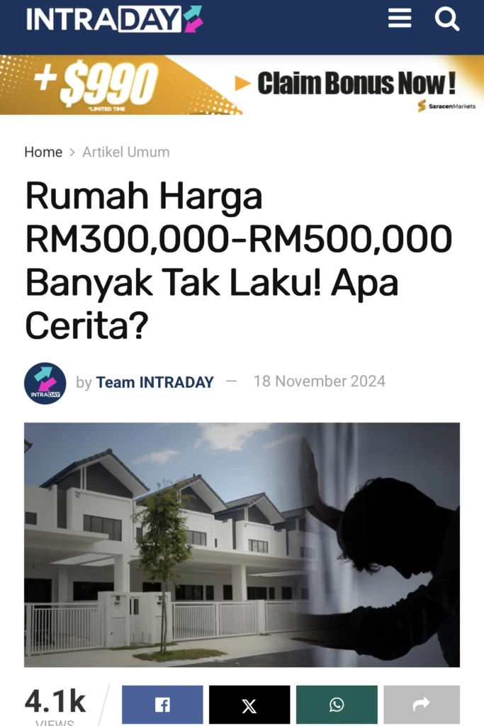 Intraday - rumah berharga RM300,000 hingga RM500,000 banyak tidak terjual