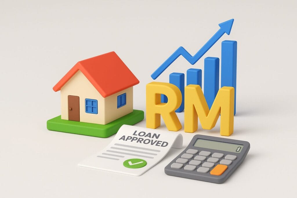 Rumah mini dan simbol RM bersama dokumen pembiayaan, kalkulator dan carta kewangan dalam latar profesional 3D.