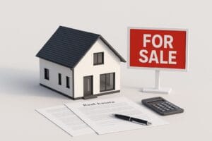 Model rumah moden dengan papan tanda For Sale dan dokumen jual beli di atas meja putih, dalam gaya 3D render profesional.