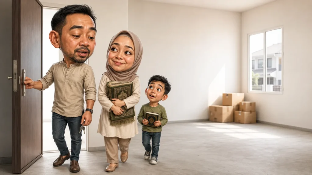 Keluarga Muslim Malaysia membawa Al-Quran dan kotak barang sambil melangkah masuk ke rumah baru yang kosong, melambangkan amalan rumah baru mengikut sunnah, dikongsi oleh Ejen Hartanah Syakir Zainol.