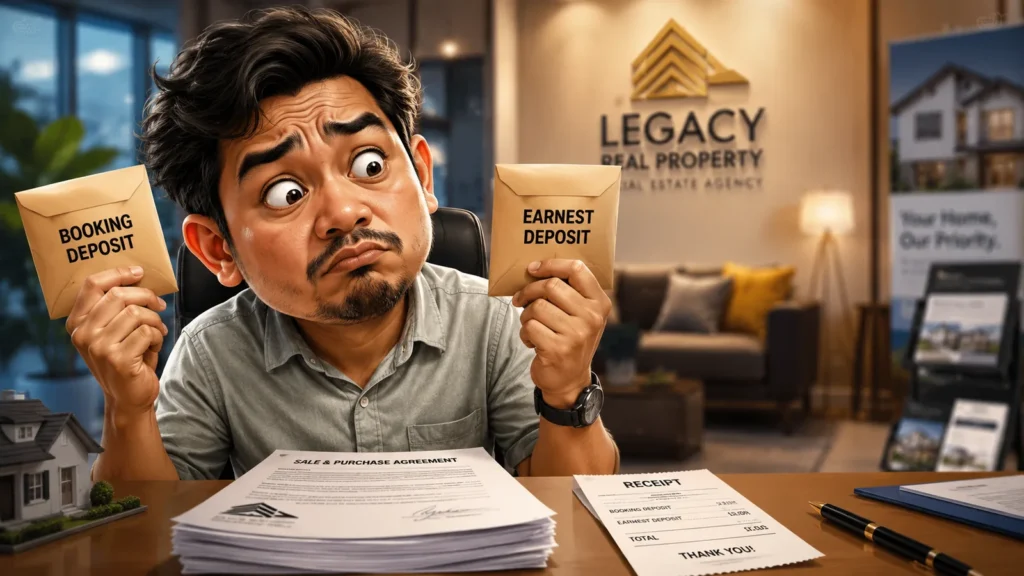 Beza booking deposit dan earnest deposit: pembeli memegang dua sampul deposit berlainan