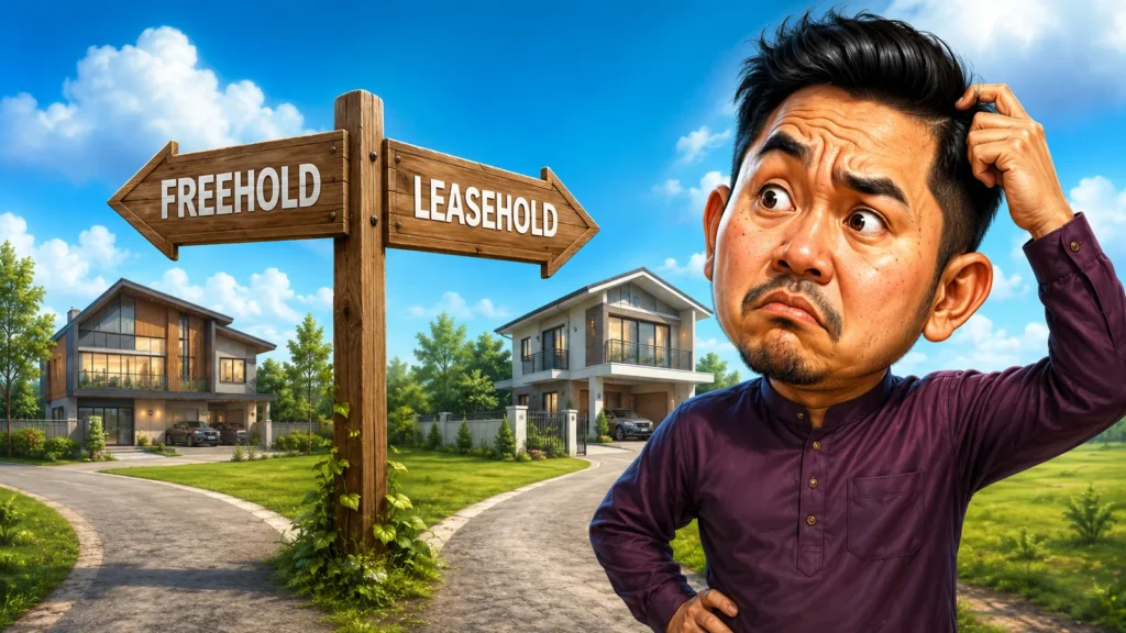 Beza freehold dan leasehold: lelaki keliru di persimpangan dengan papan tanda FREEHOLD dan LEASEHOLD