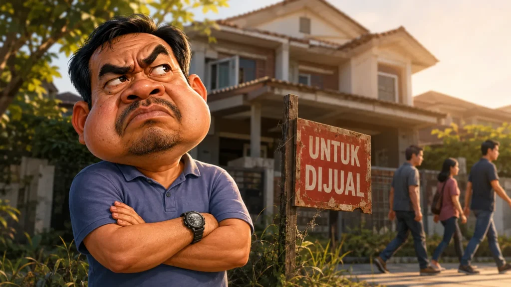 Harga rumah realistik: pemilik rumah kecewa di depan rumah dengan papan tanda UNTUK DIJUAL yang lama tergantung