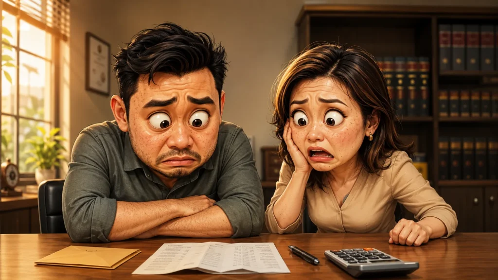 Pasangan Malaysia kira wang tunai dan dokumen di meja, menggambarkan kejutan kos kemasukan deposit rumah pertama yang melebihi jangkaan, ilustrasi oleh Ejen Hartanah Syakir Zainol.