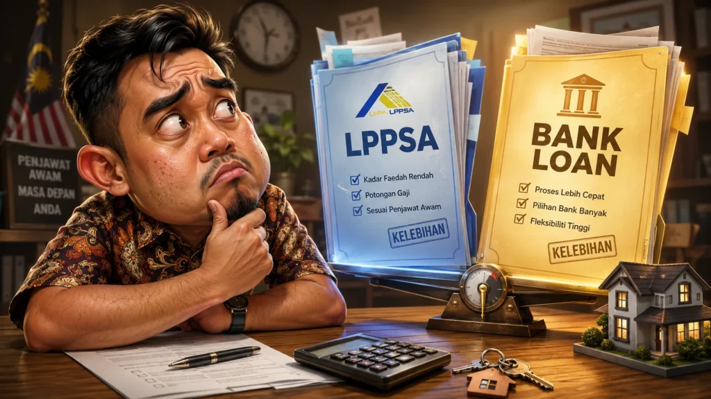 Loan bank vs LPPSA — ilustrasi penjawat awam Malaysia menimbang pembiayaan LPPSA berbanding loan bank untuk beli rumah.