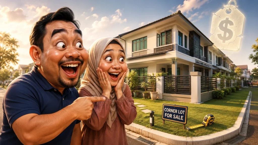 Ilustrasi karikatur pasangan Malaysia teruja melihat ruang tambahan rumah corner lot, bersama analisis kelebihan dan risiko harga oleh Ejen Hartanah Syakir Zainol.