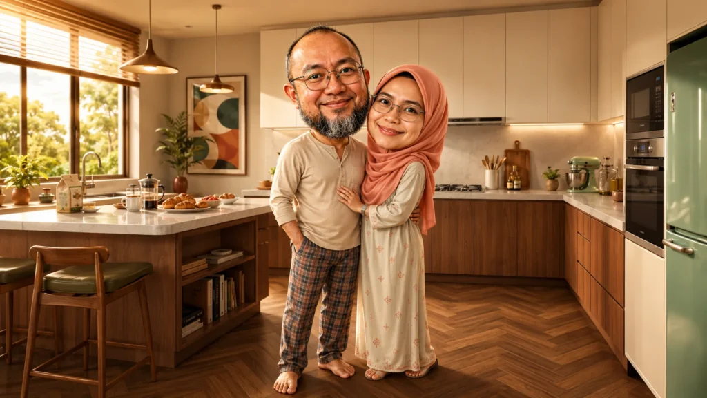 Pasangan gembira berdiri di dapur rumah lengkap dengan kitchen cabinet built-in kemas