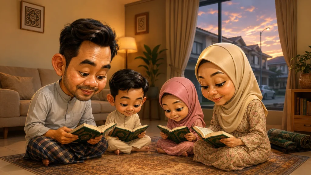 Keluarga Malaysia membaca Al-Quran bersama di ruang tamu rumah sebagai lambang nilai sebenar sebuah kediaman, dikongsi oleh Ejen Hartanah Syakir Zainol.
