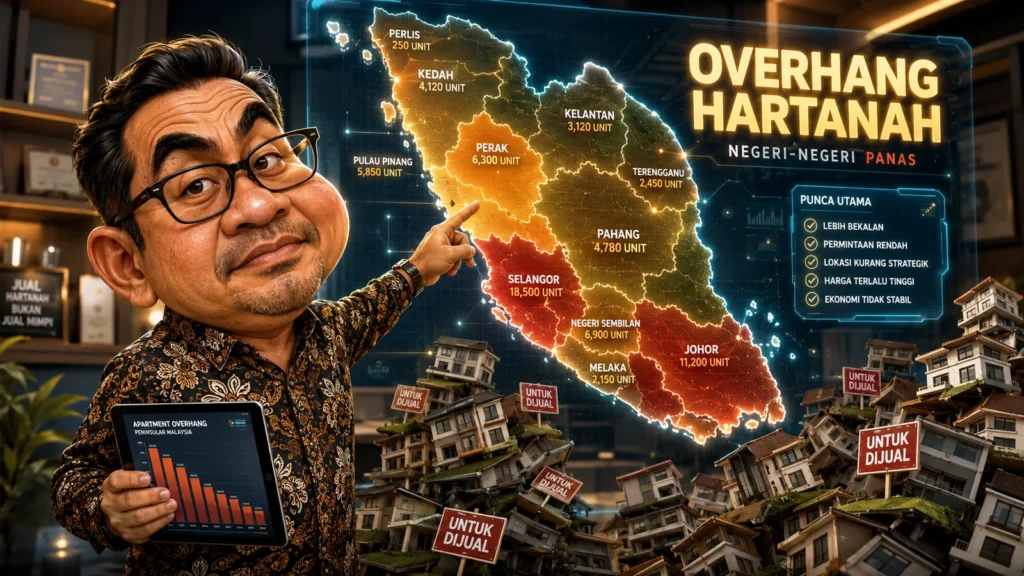 Overhang hartanah Malaysia 2026 — ilustrasi ejen hartanah berdaftar Syakir Zainol menganalisis peta overhang mengikut negeri berdasarkan data NAPIC.