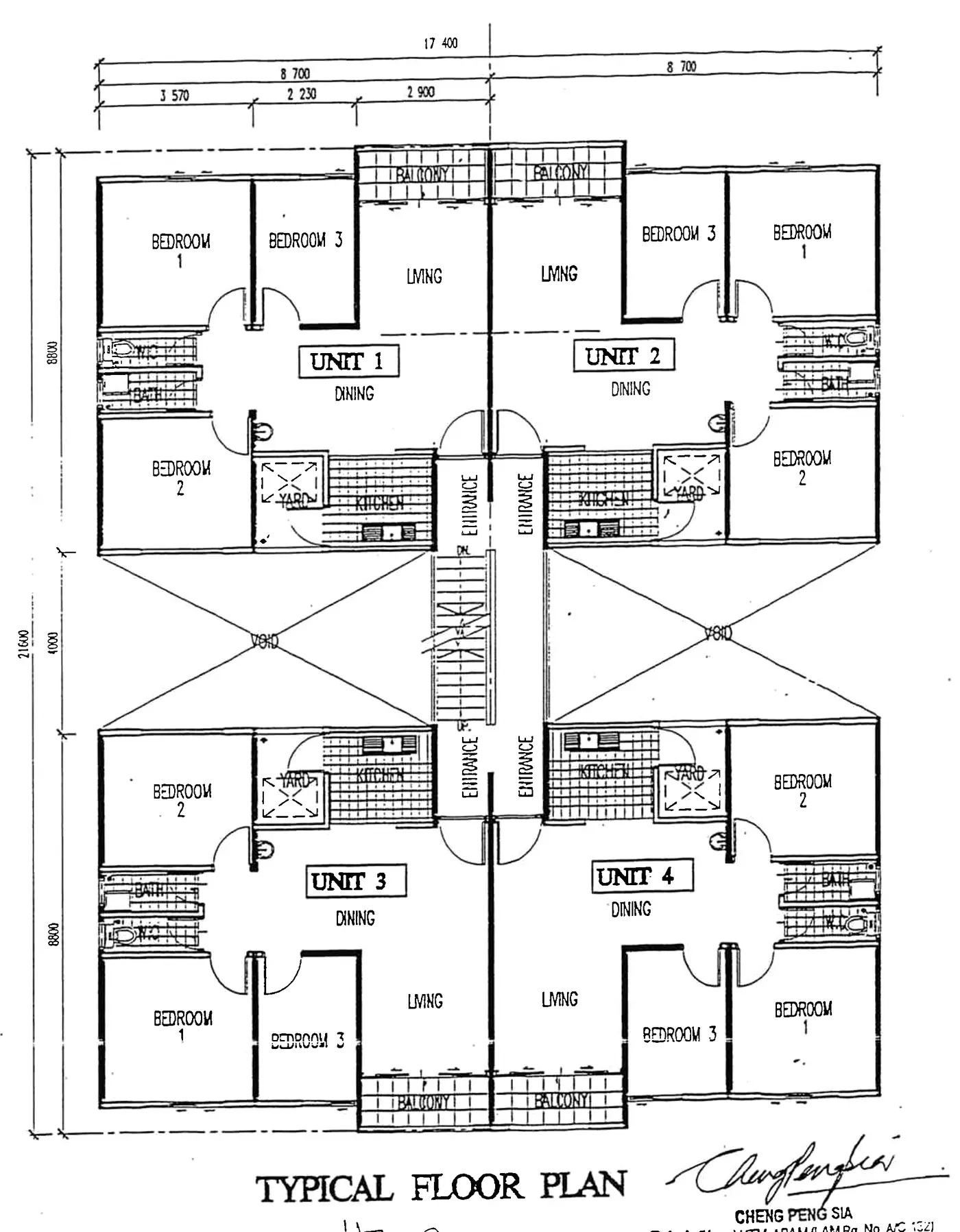 Pelan lantai tipikal apartment Gugusan Mawar Kota Damansara — susun atur 4 unit setiap tingkat