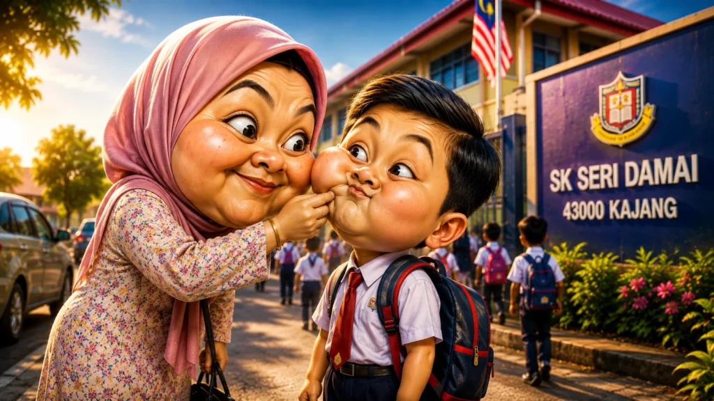 Ilustrasi ibu menghantar anak ke sekolah rendah berhampiran kawasan perumahan baharu