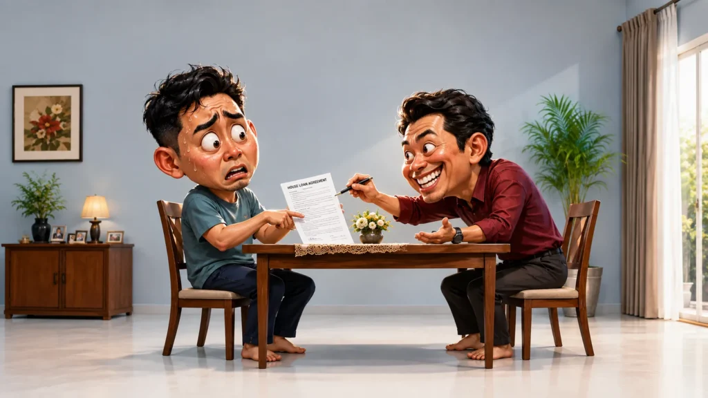 Dua lelaki berbincang di meja makan dengan dokumen House Loan Agreement, situasi pinjam nama untuk beli rumah