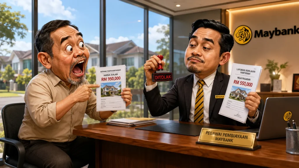 Kartun pegawai bank Maybank cop tolak permohonan pinjaman rumah kerana laporan penilaian nilai pasaran RM550,000 jauh lebih rendah daripada harga jualan RM950,000