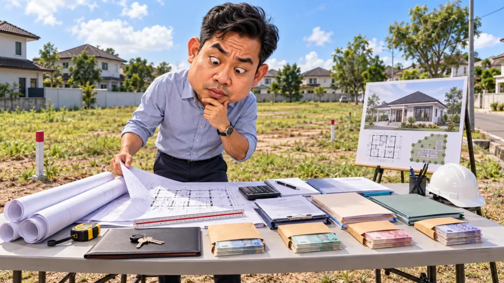 Ilustrasi pembeli lot banglo menyemak pelan rumah dan kos awal sebelum pembinaan