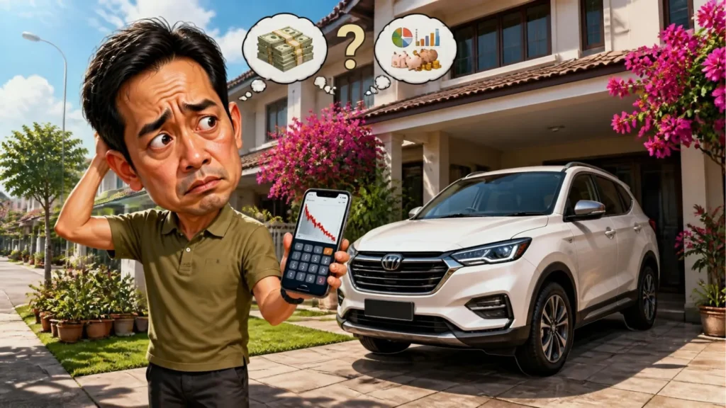Ilustrasi lelaki menggaru kepala sambil memegang telefon yang memaparkan carta merah, dengan kereta SUV putih dan rumah teres di belakangnya.