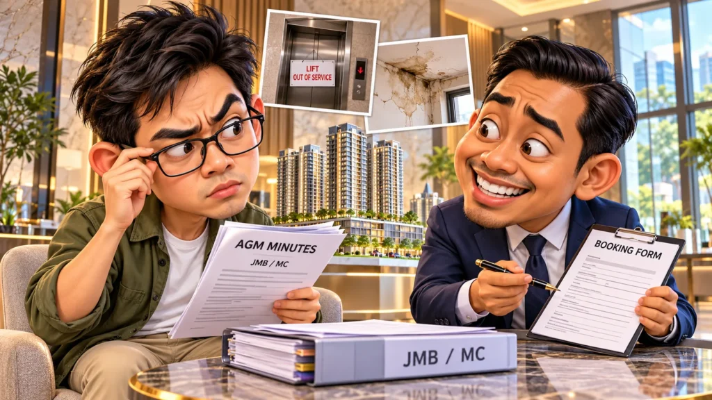 Karikatur pembeli berkaca mata meneliti minit AGM bersama jurujual yang memegang borang tempahan di lobi kondominium.